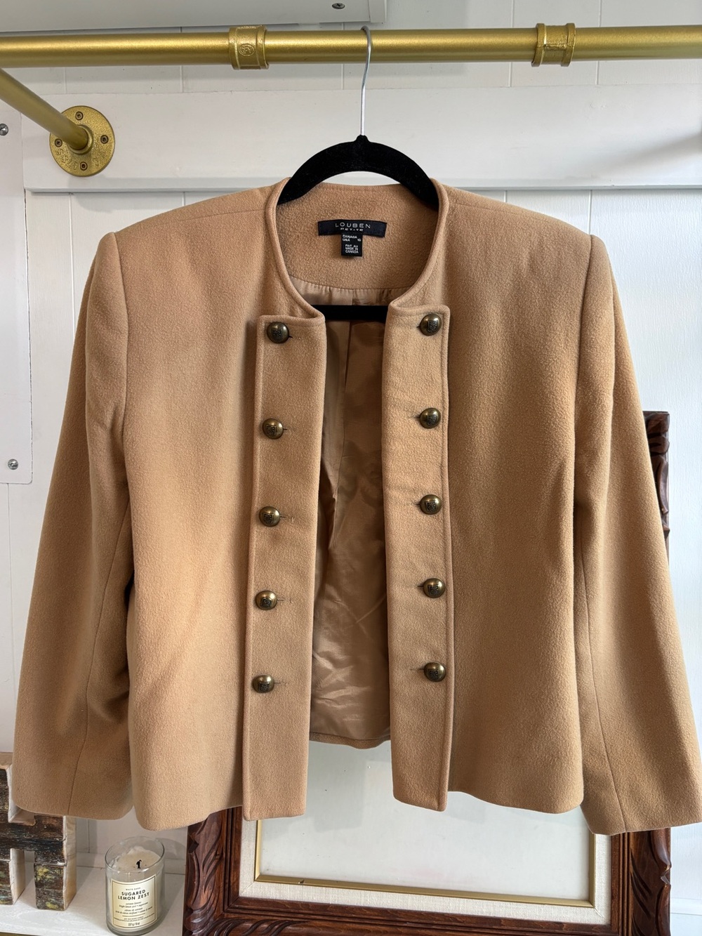 Vintage Louben Cashmere Wool Blend Military Crest Button Jacket Camel Tan 10p